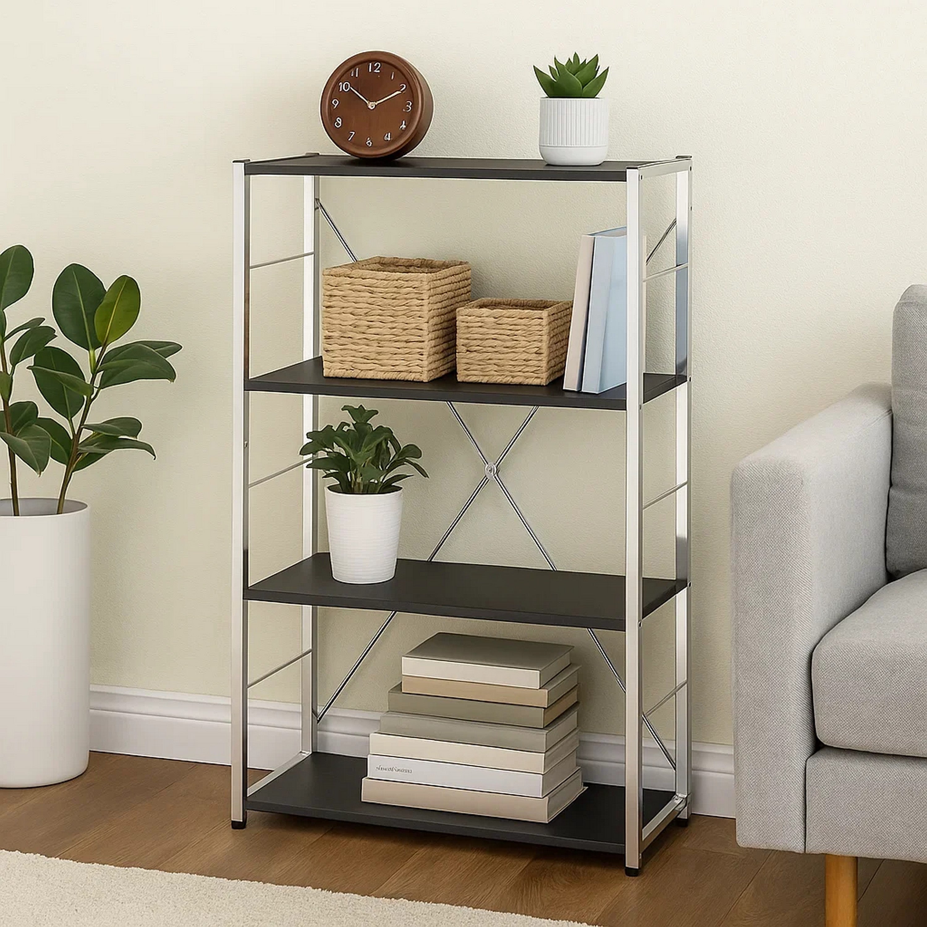 Benjara Bookshelf with X Shaped Crossbar Support, Black And White