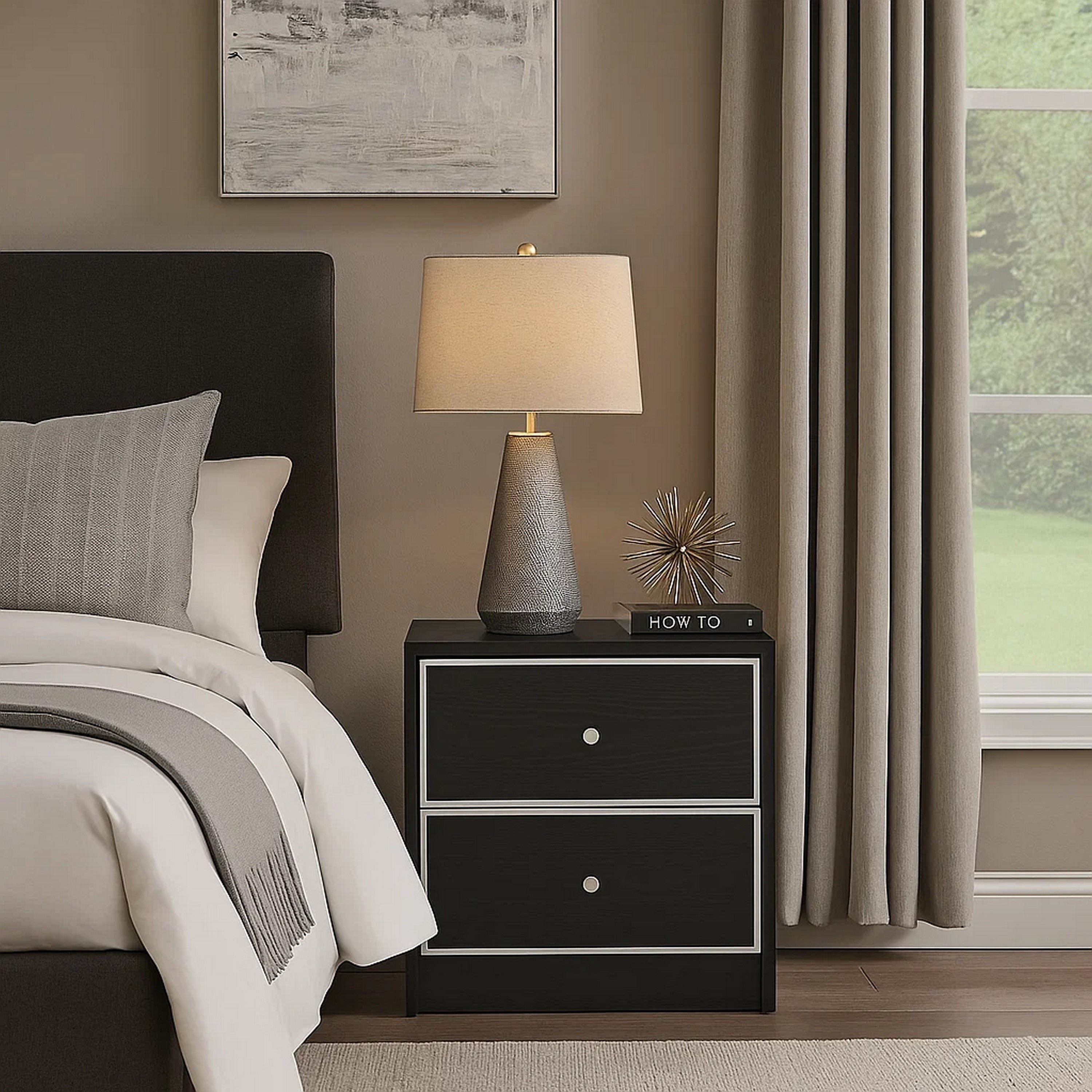Benjara Accent Table with 2 Storage Drawers And Intricate Trimming, Black