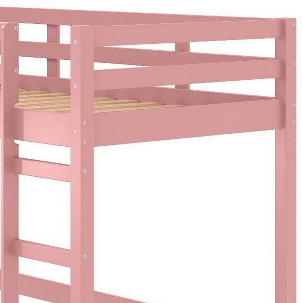 Benjara Twin Loft Bed with Wooden Frame And Attached Ladder, Pink