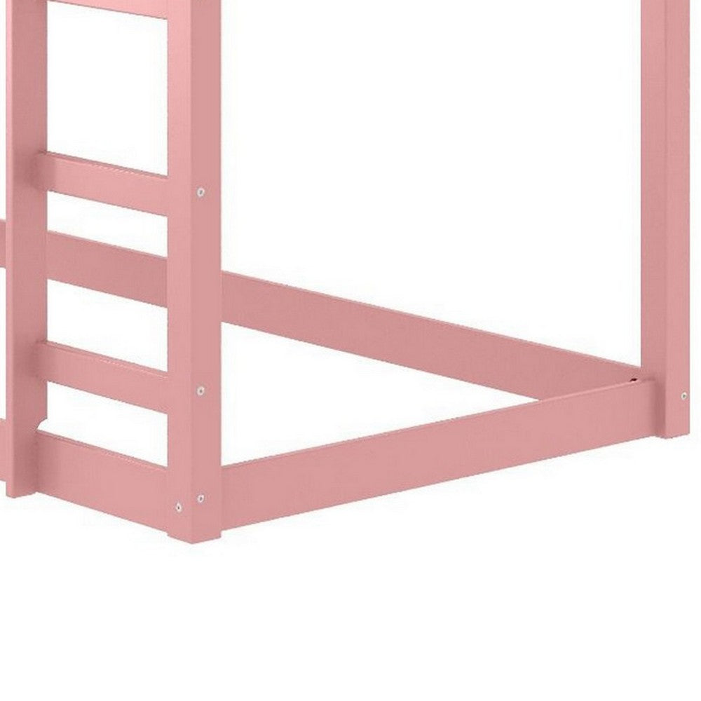 Benjara Twin Loft Bed with Wooden Frame And Attached Ladder, Pink