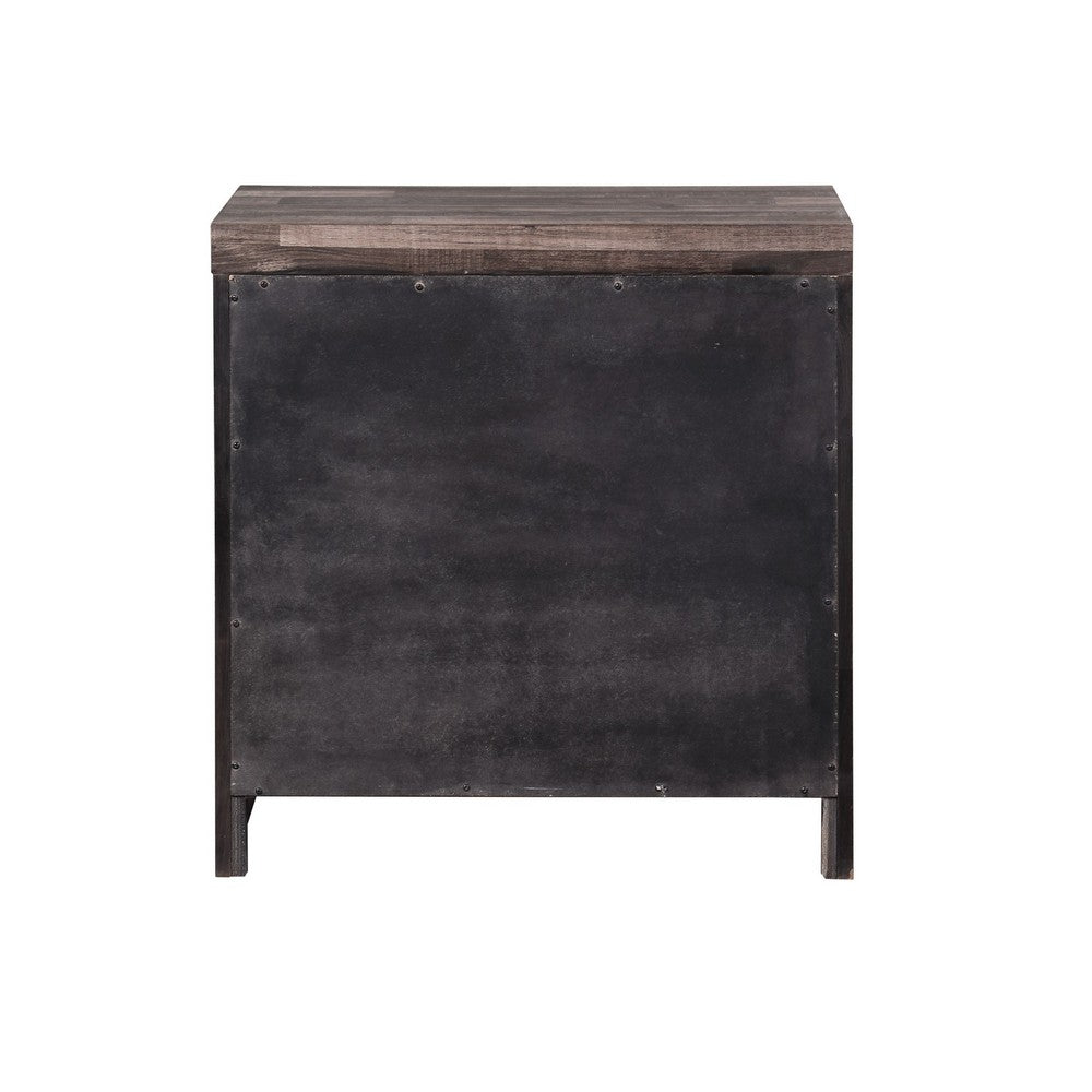 Benjara Nightstand with Rough Hewn Saw Texture And Panel Base, Rustic Gray