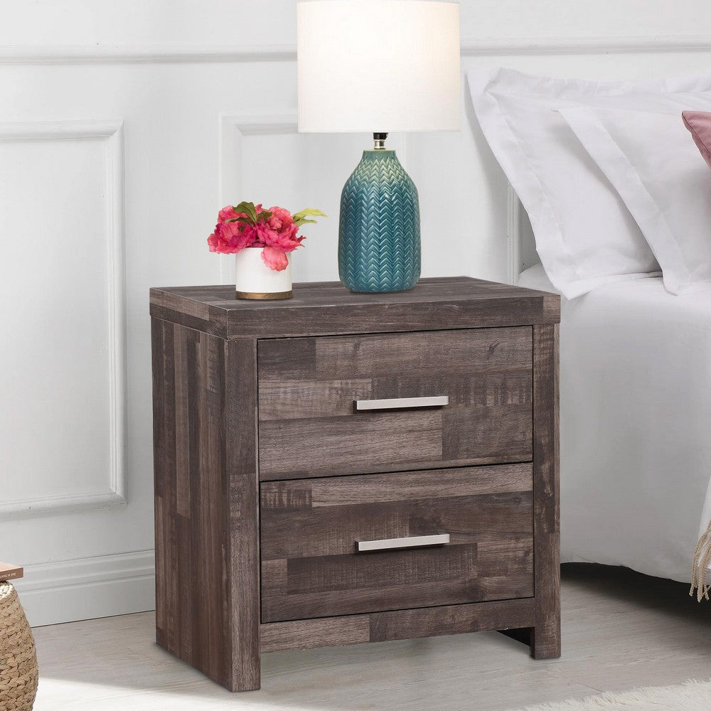 Benjara Nightstand with Rough Hewn Saw Texture And Panel Base, Rustic Gray