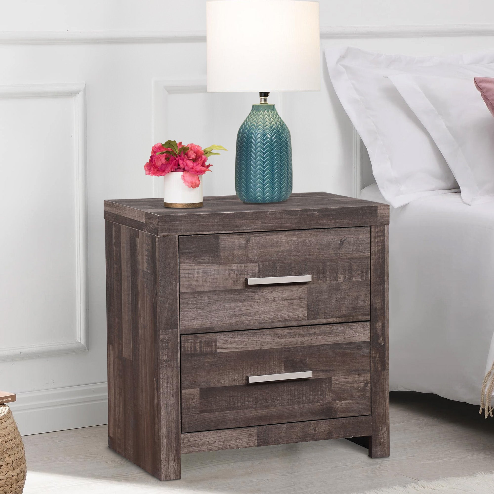 Benjara Nightstand with Rough Hewn Saw Texture And Panel Base, Rustic Gray