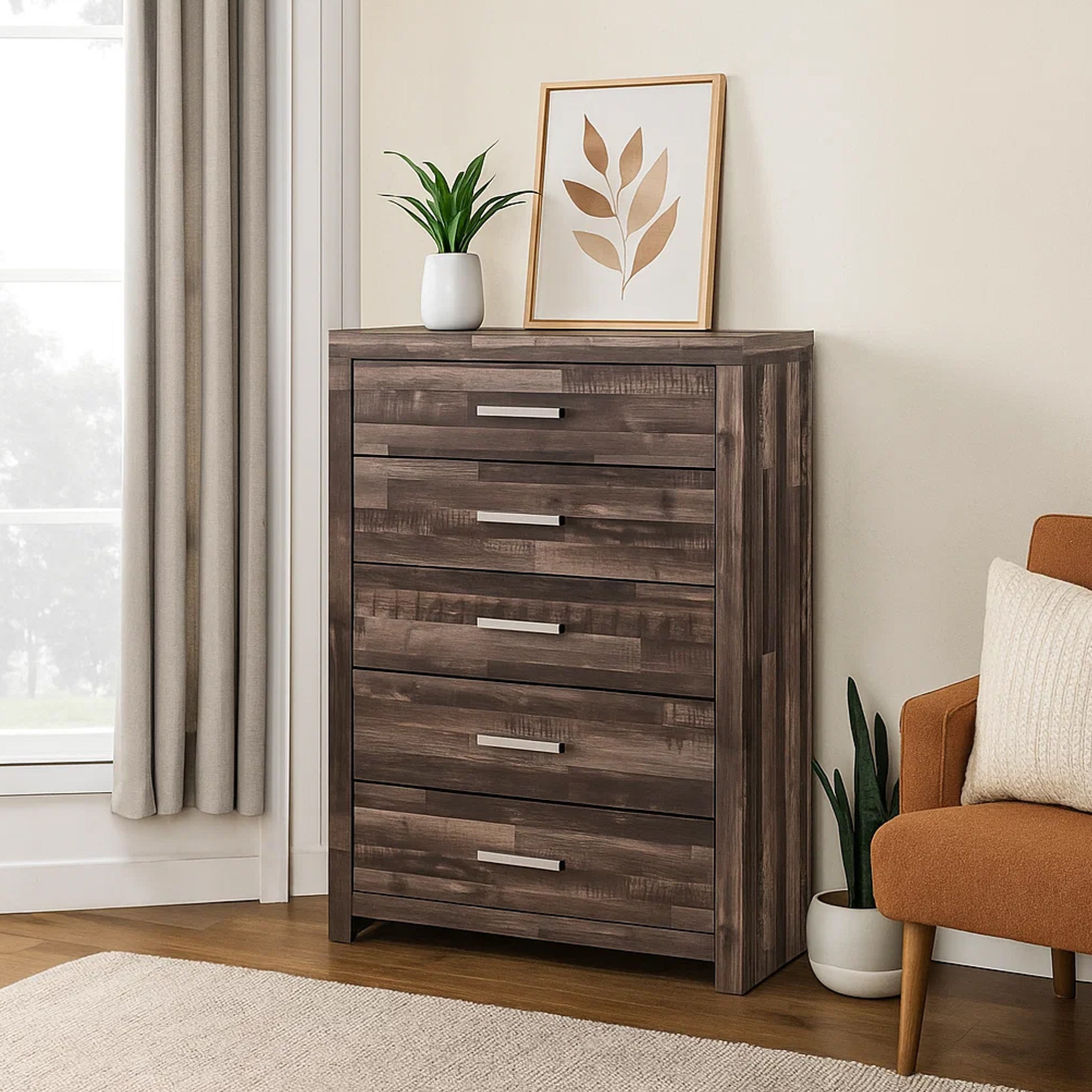 Benjara Chest with Rough Hewn Saw Texture And Panel Base, Rustic Gray