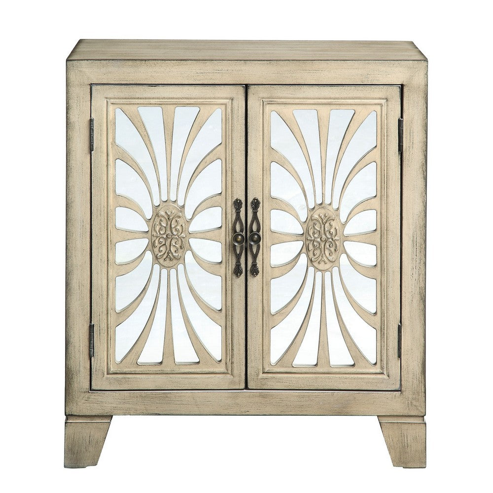 Benjara Console Table with 2 Glass Doors And Floral Motif, Antique White
