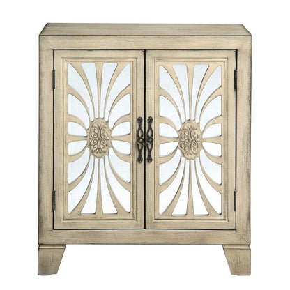 Benjara Console Table with 2 Glass Doors And Floral Motif, Antique White