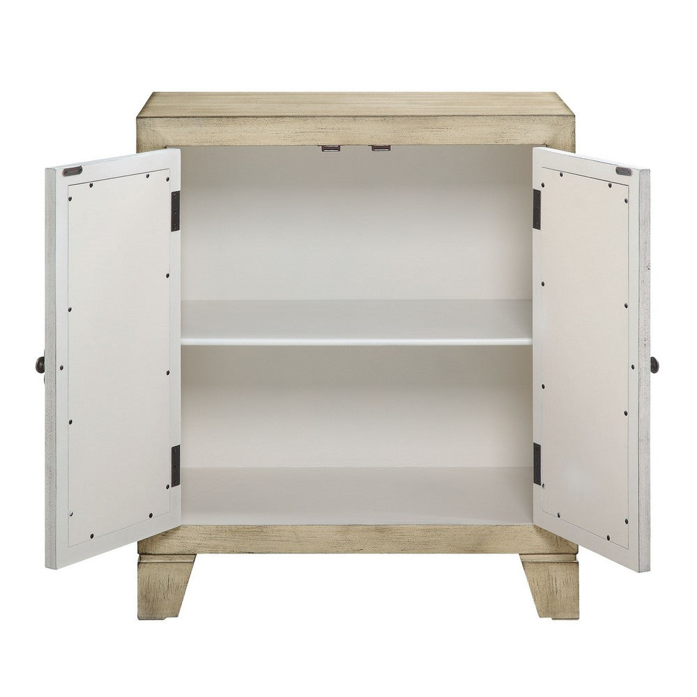 Benjara Console Table with 2 Glass Doors And Floral Motif, Antique White