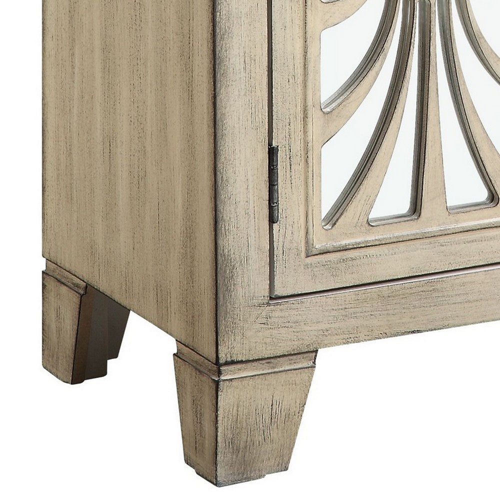 Benjara Console Table with 2 Glass Doors And Floral Motif, Antique White