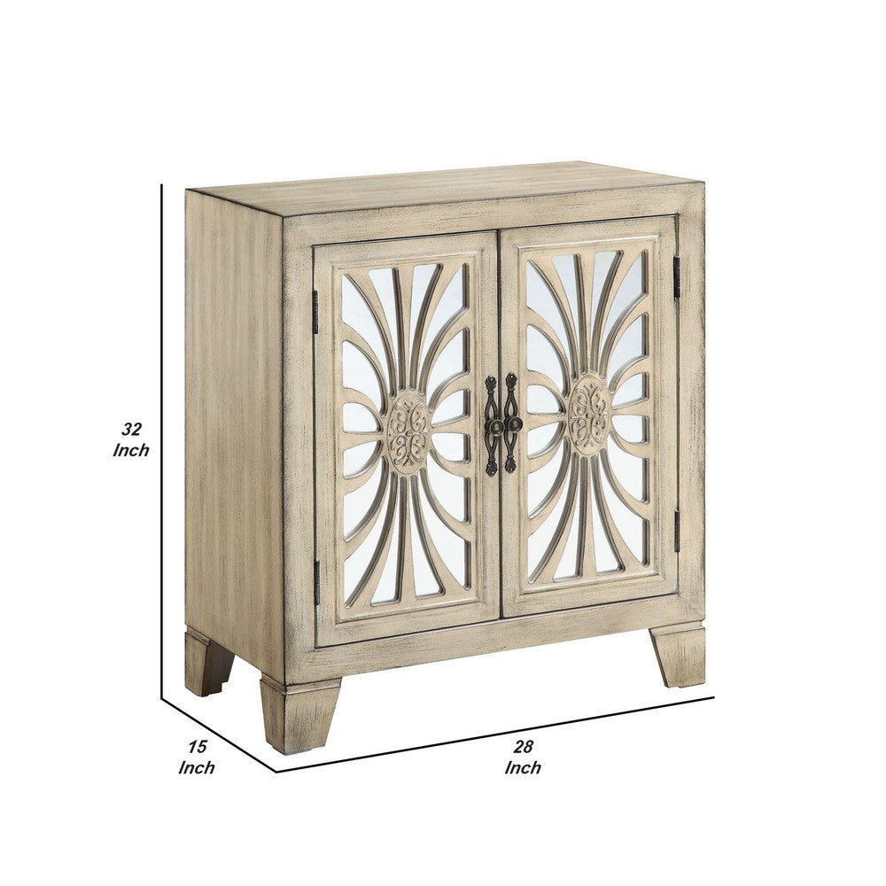 Benjara Console Table with 2 Glass Doors And Floral Motif, Antique White