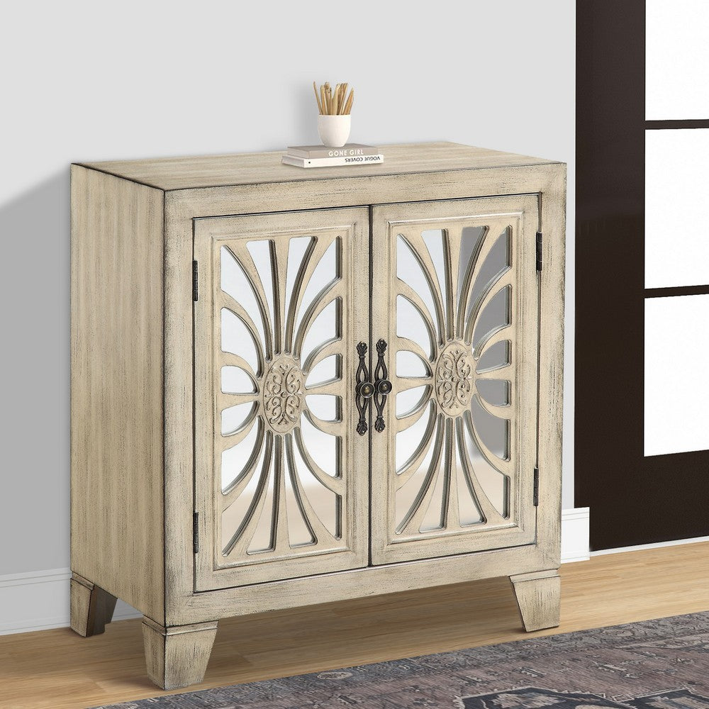Benjara Console Table with 2 Glass Doors And Floral Motif, Antique White