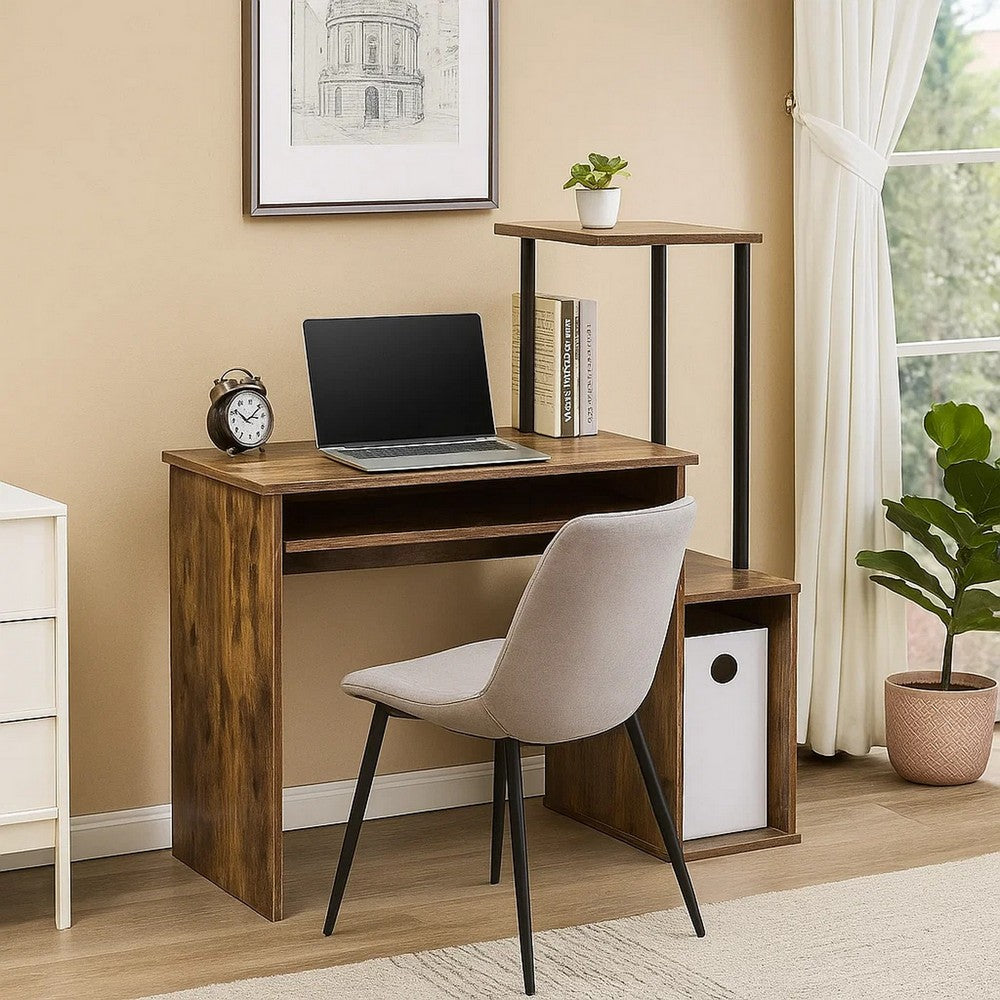 Benjara Computer Desk with Built In Bookshelf, Weathered Oak And Black