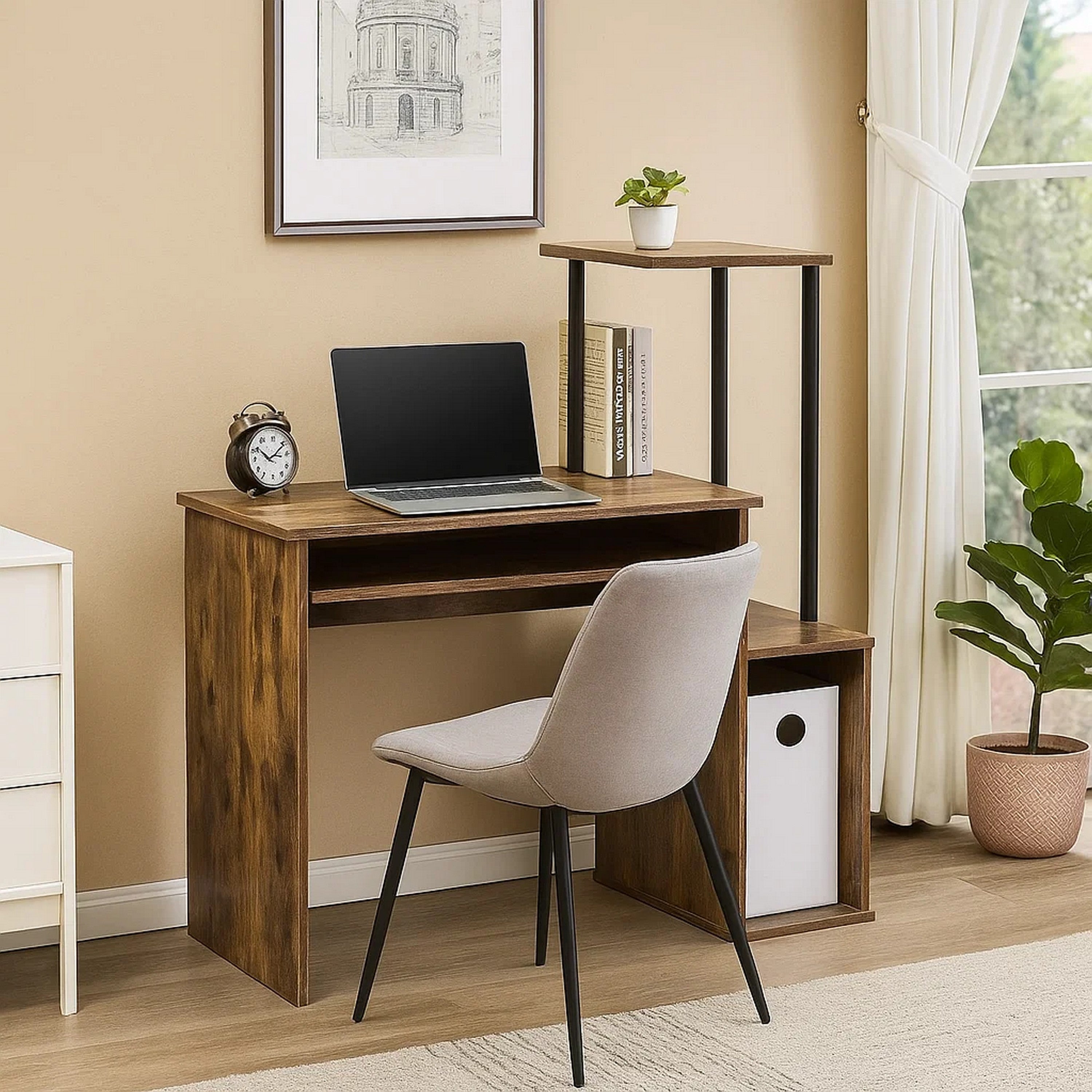 Benjara Computer Desk with Built In Bookshelf, Weathered Oak And Black