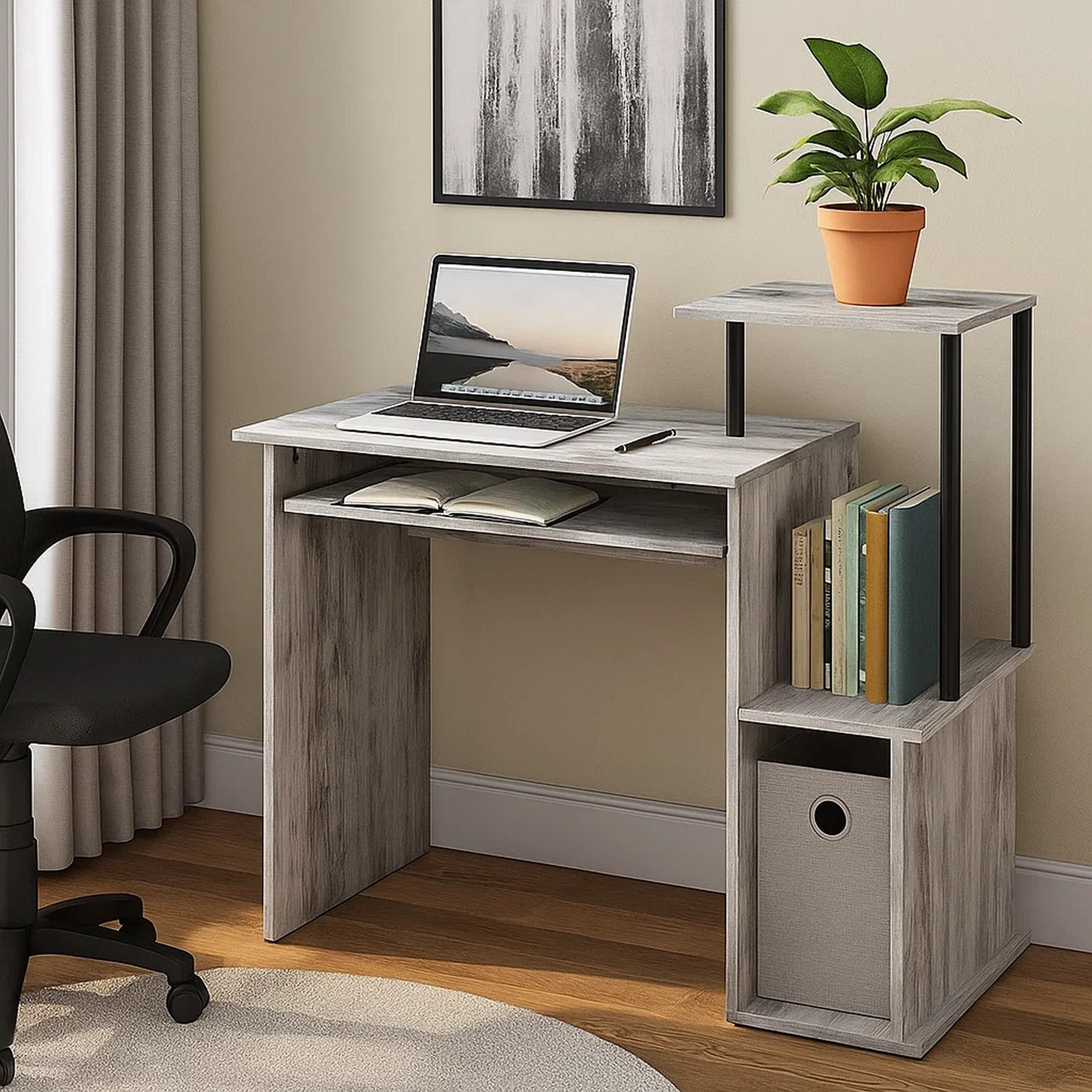 Benjara Computer Desk with Built In Bookshelf, Antique White And Black, Antique White And Black