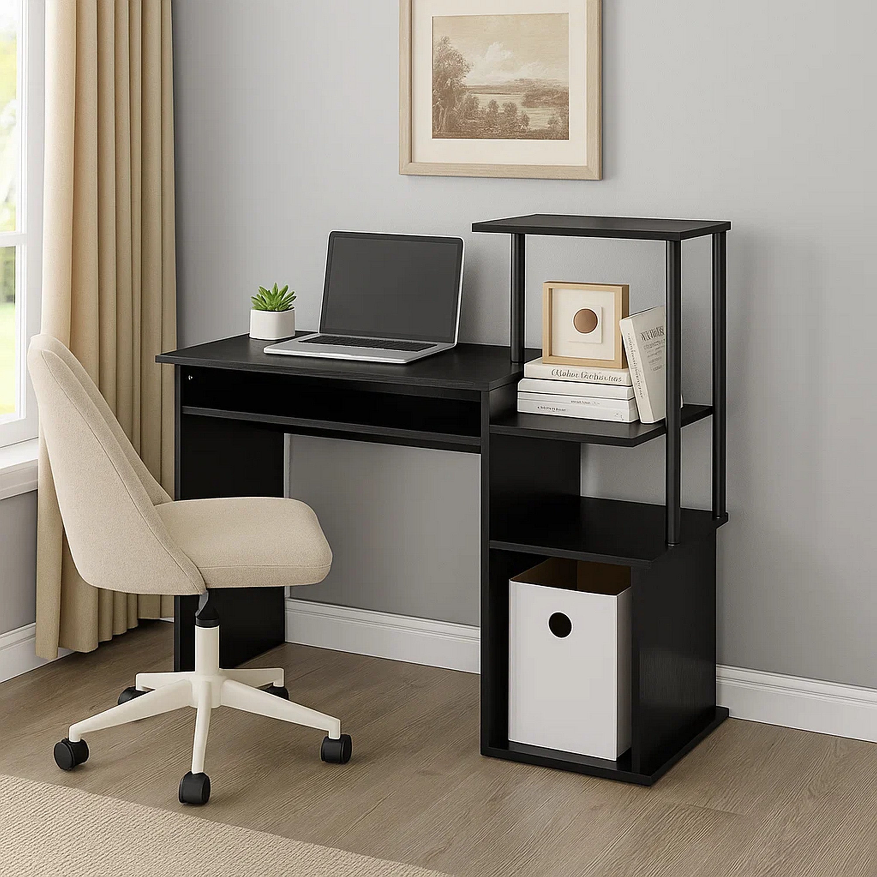 Benjara Computer Desk with Built In Bookshelf, Black