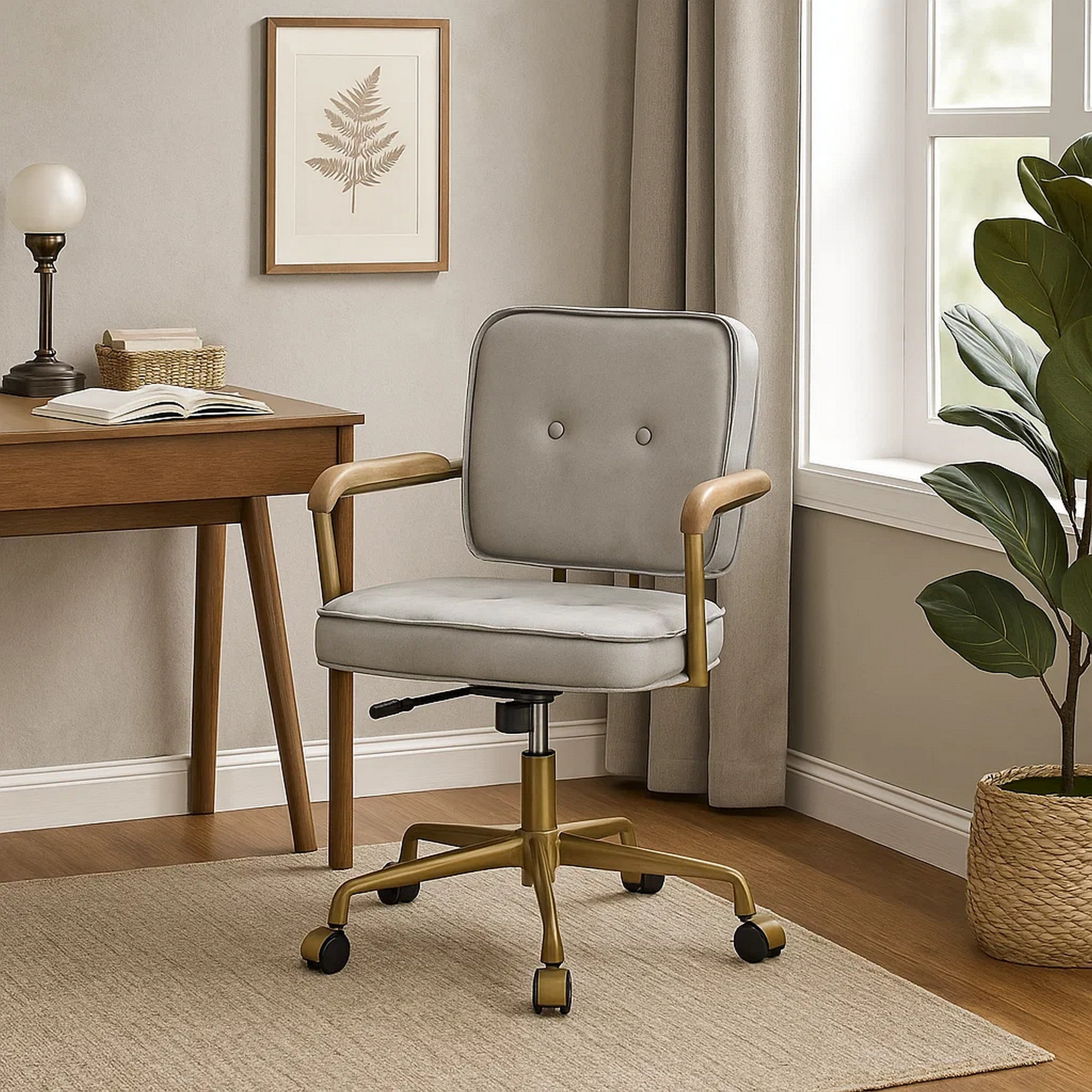 Benjara Office Chair with Faux Leather Upholstery, Vintage White And Brown