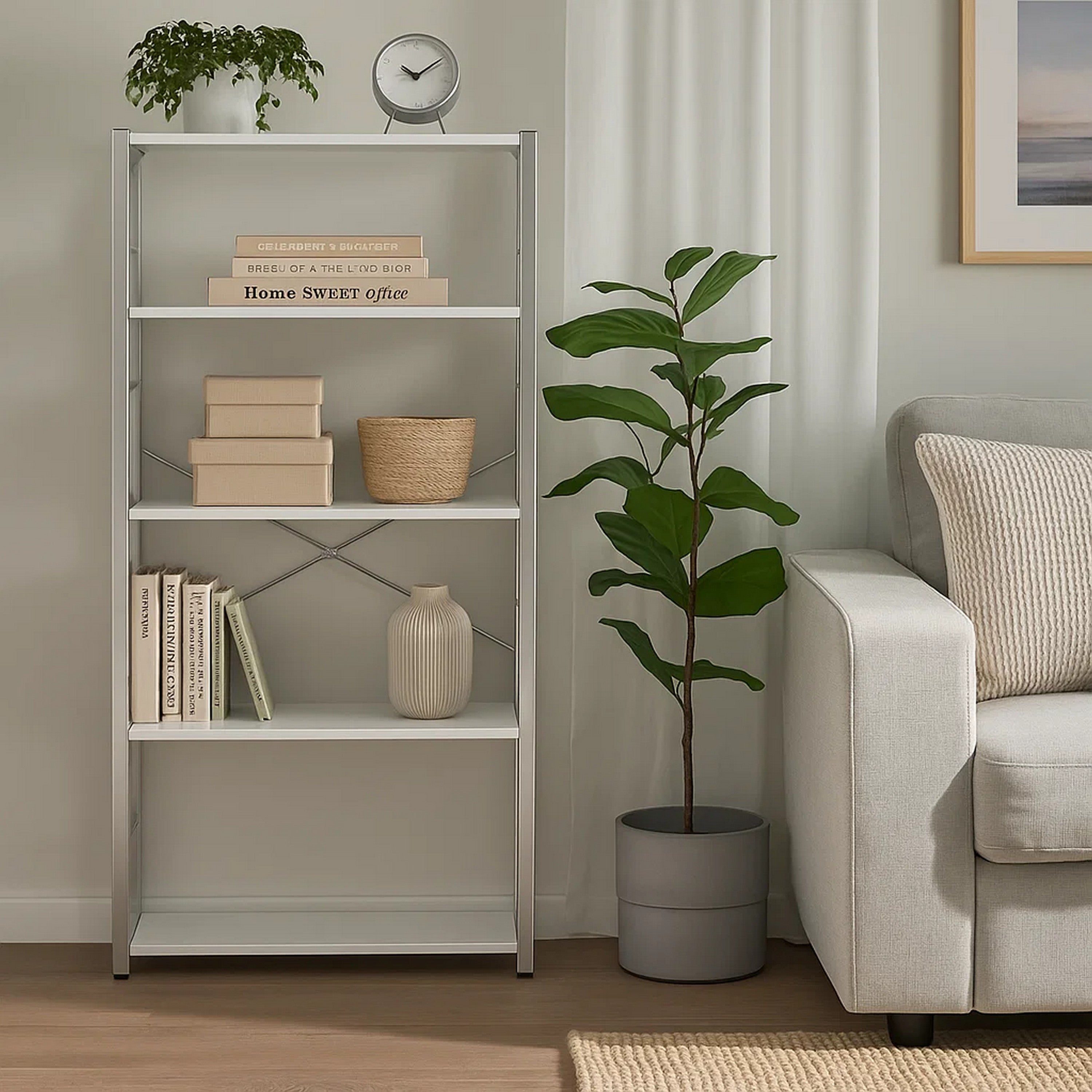 Benjara Bookshelf with X Shaped Cross Bar Chrome Finish, White