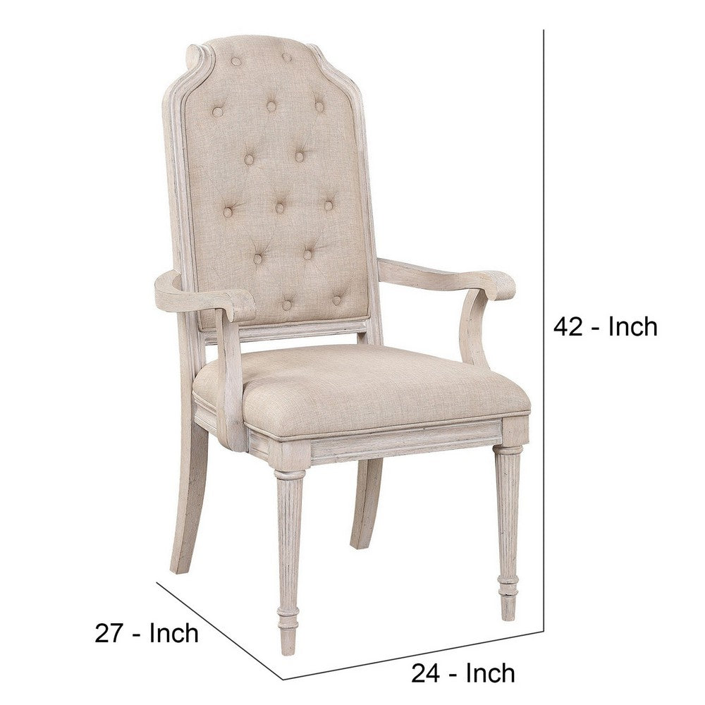Benjara Arm Chair with Padded Seat And Button Tufts, Set of 2, Beige