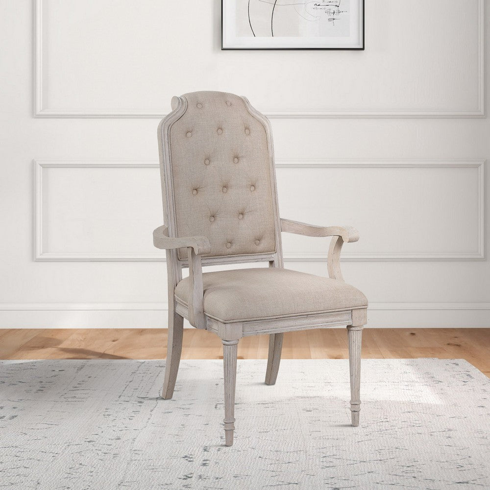 Benjara Arm Chair with Padded Seat And Button Tufts, Set of 2, Beige