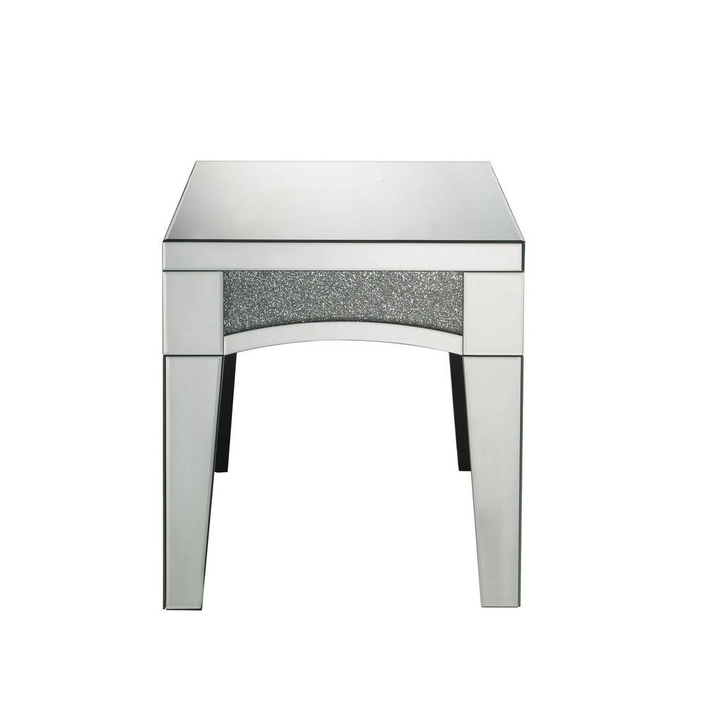 Benjara End Table with Mirror Trim And Faux Stone Inlays, Silver