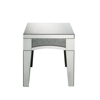 Benjara End Table with Mirror Trim And Faux Stone Inlays, Silver