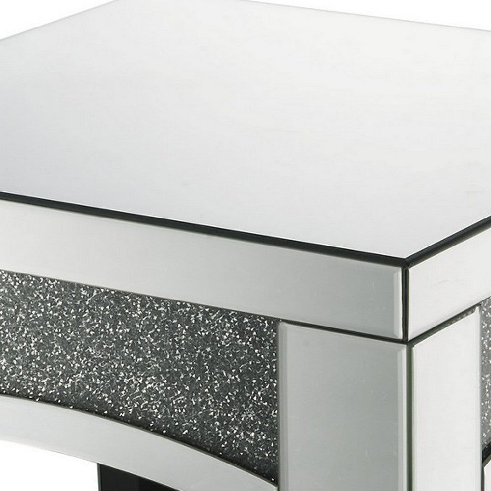 Benjara End Table with Mirror Trim And Faux Stone Inlays, Silver