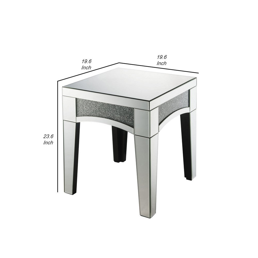 Benjara End Table with Mirror Trim And Faux Stone Inlays, Silver