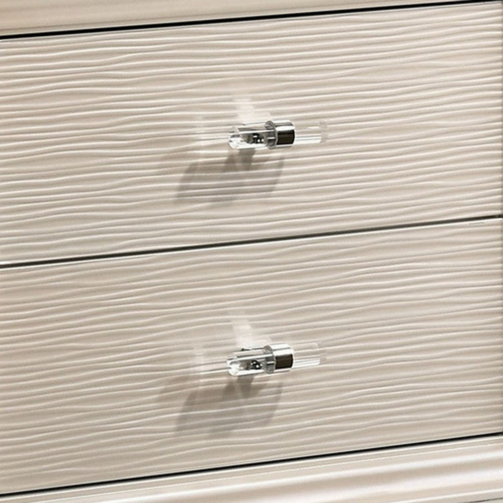 Benjara Nightstand with Textured 2 Drawers And Acrylic Legs, Pearl White