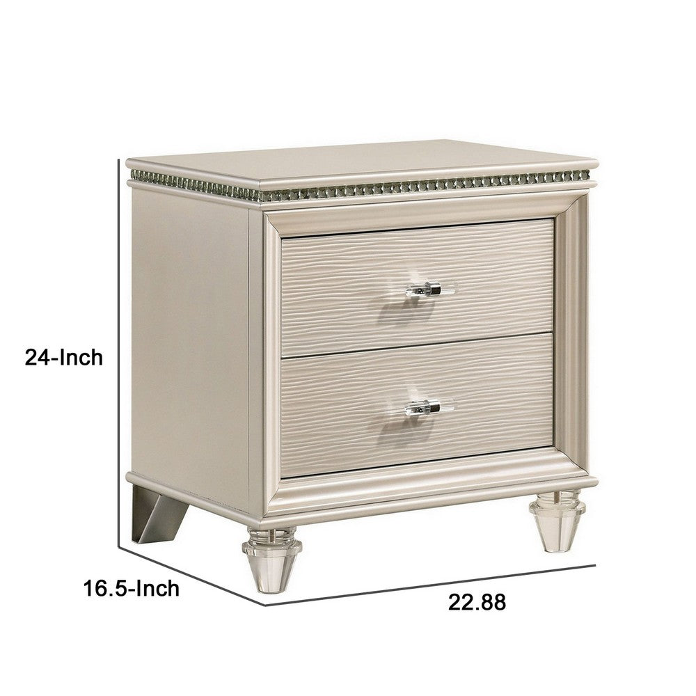 Benjara Nightstand with Textured 2 Drawers And Acrylic Legs, Pearl White
