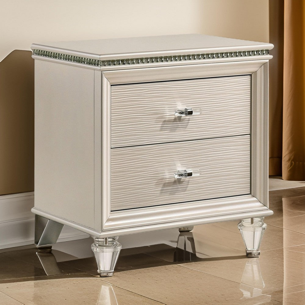 Benjara Nightstand with Textured 2 Drawers And Acrylic Legs, Pearl White