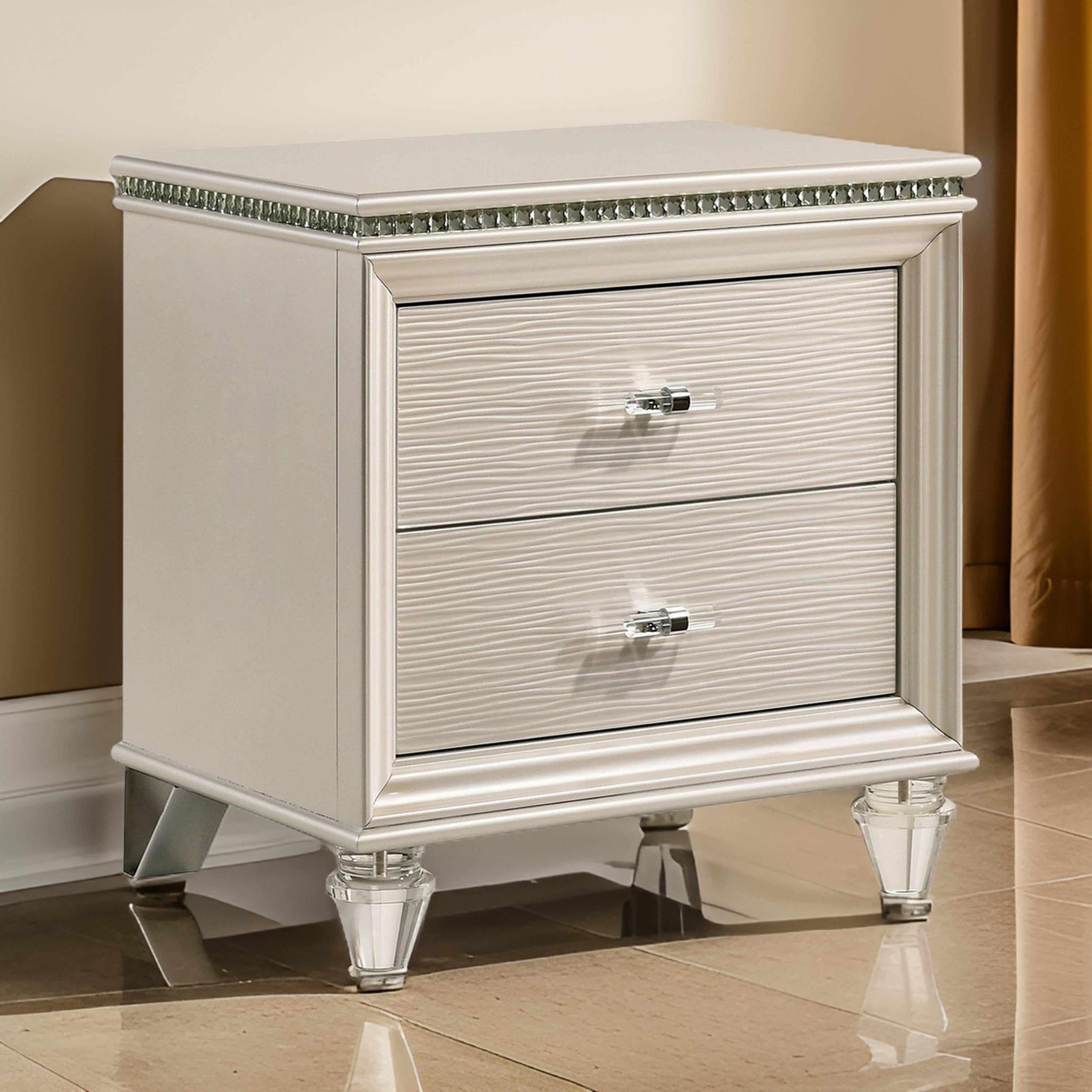 Benjara Nightstand with Textured 2 Drawers And Acrylic Legs, Pearl White