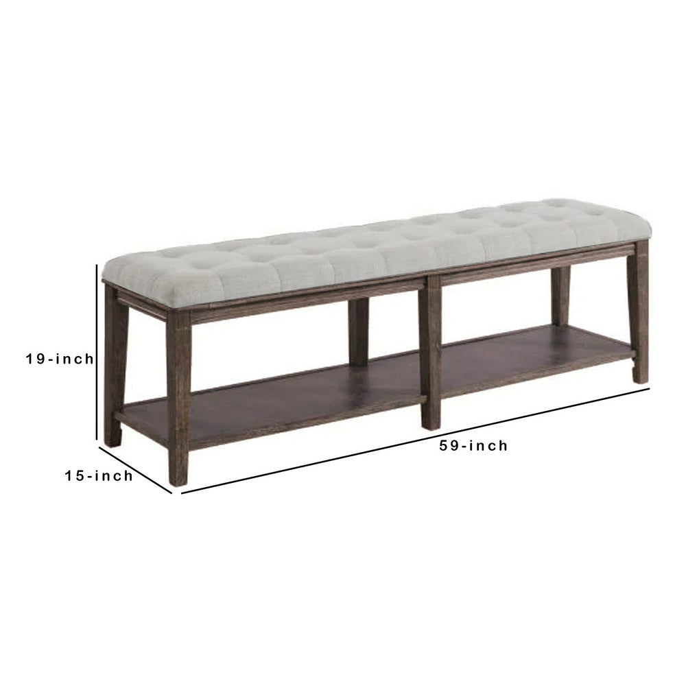 Benjara Bench with Button Tufted Seat And Open Shelf, Beige