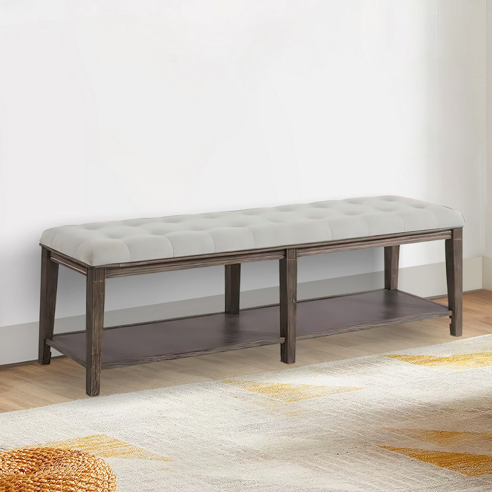 Benjara Bench with Button Tufted Seat And Open Shelf, Beige
