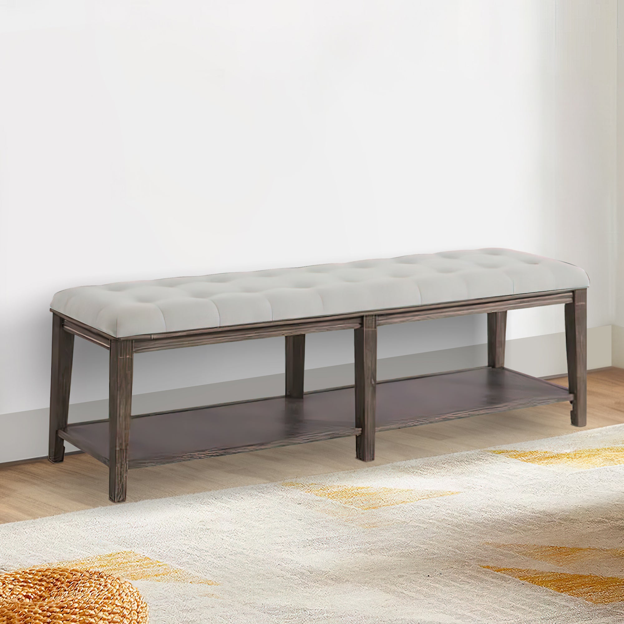 Benjara Bench with Button Tufted Seat And Open Shelf, Beige