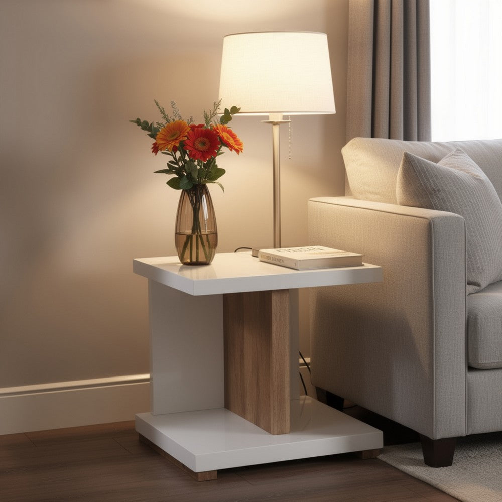 Benjara End Table with Open Bottom Parted Shelf, White And Brown
