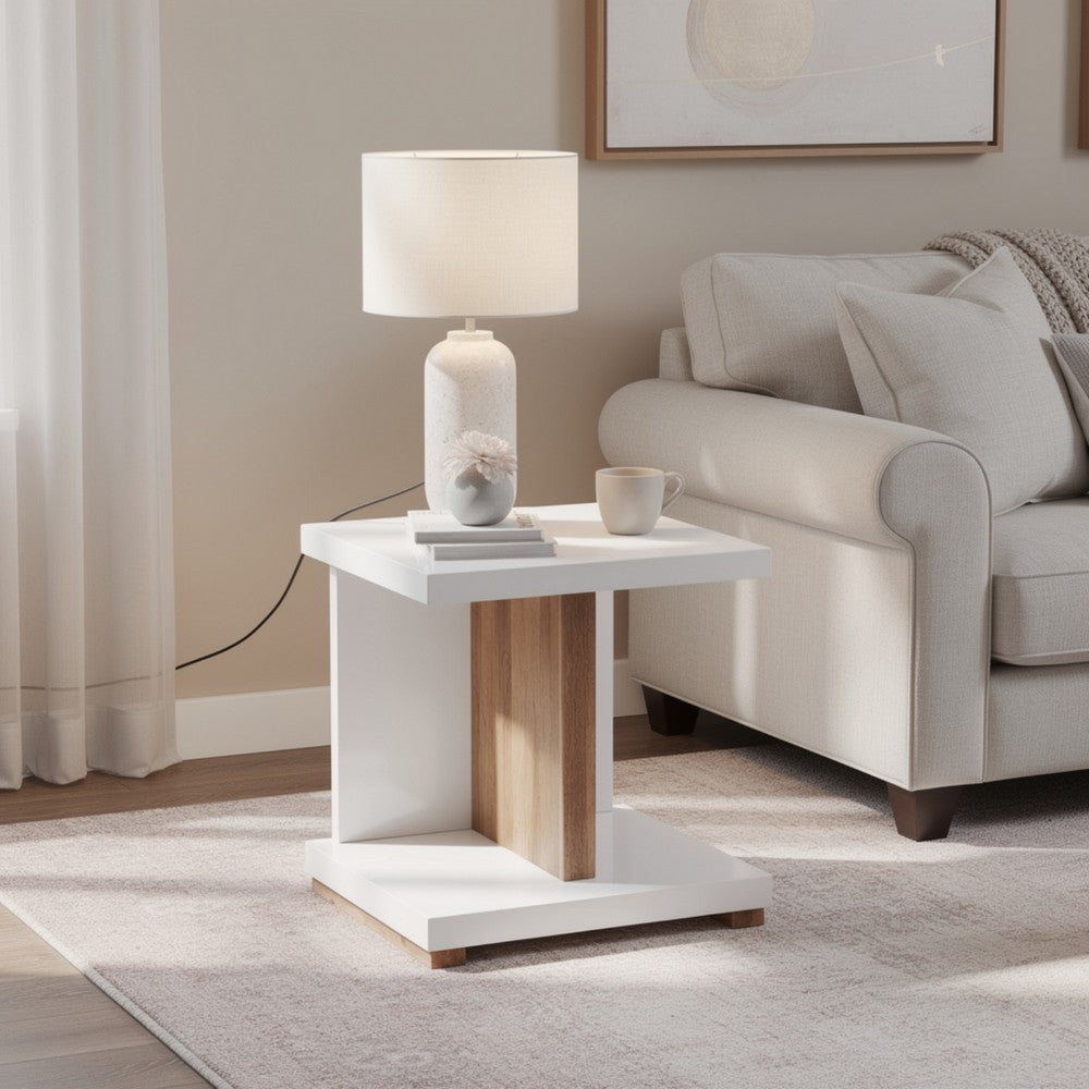 Benjara End Table with Open Bottom Parted Shelf, White And Brown