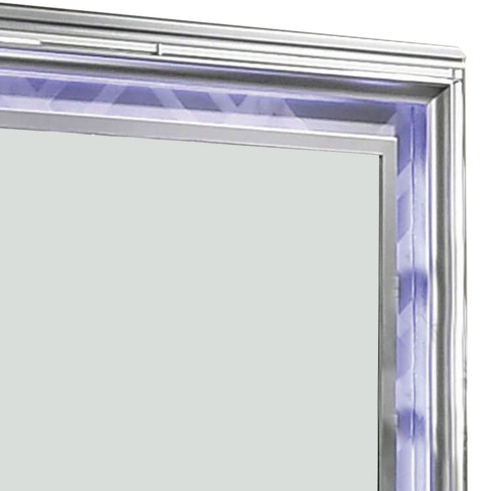 Benjara Wall Mirror with LED light And Wooden Frame, Silver