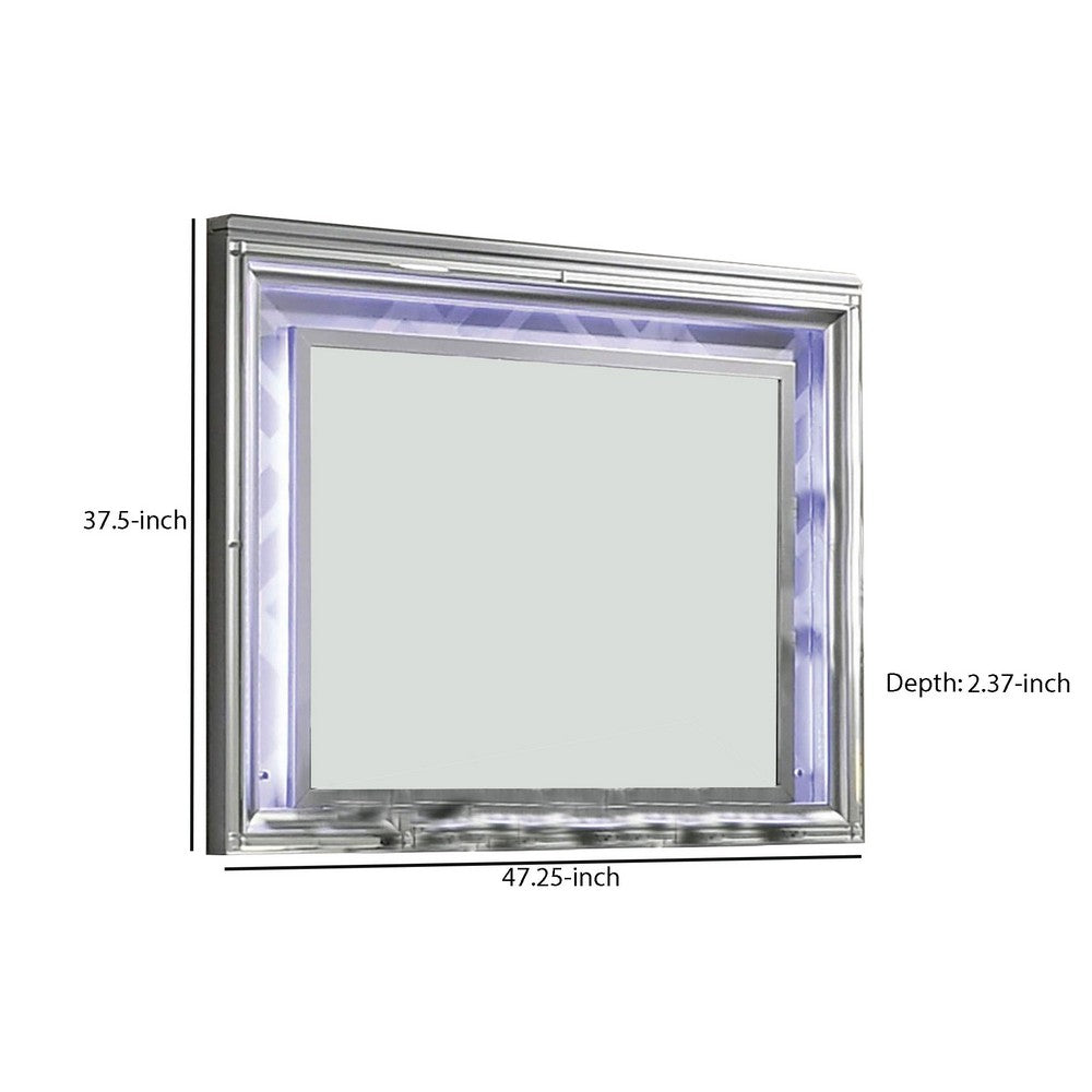 Benjara Wall Mirror with LED light And Wooden Frame, Silver