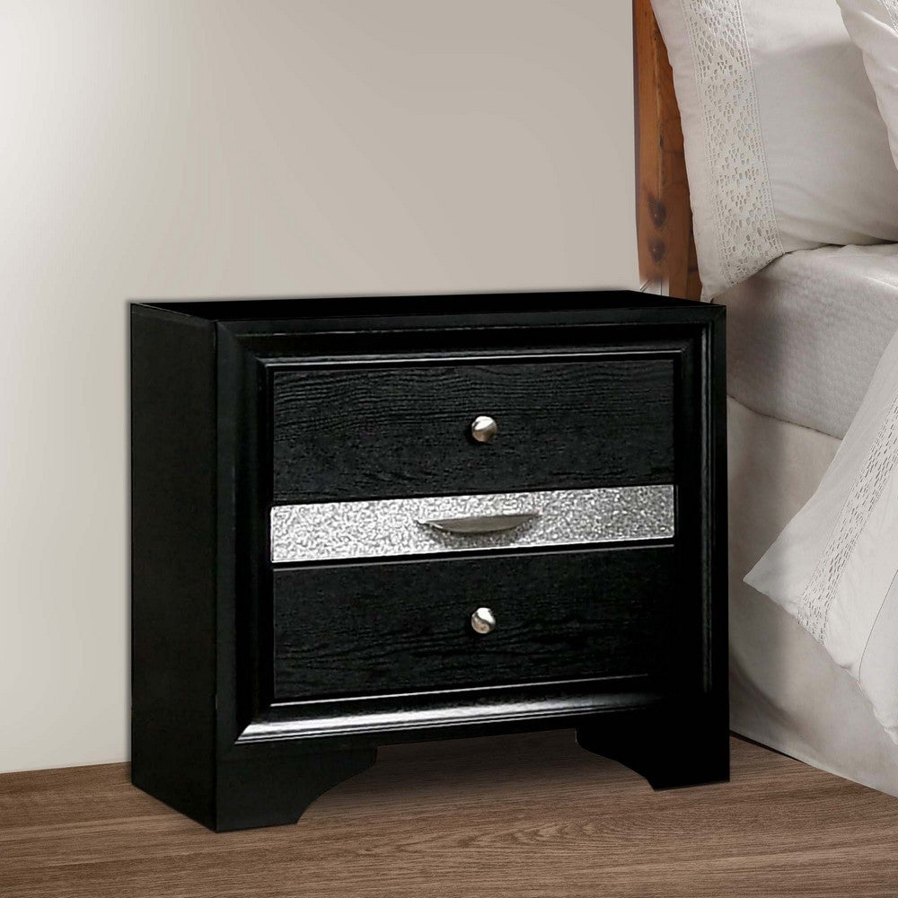 Benjara Nightstand with Silver Trim Accent And 1 Jewelry Drawer, Black