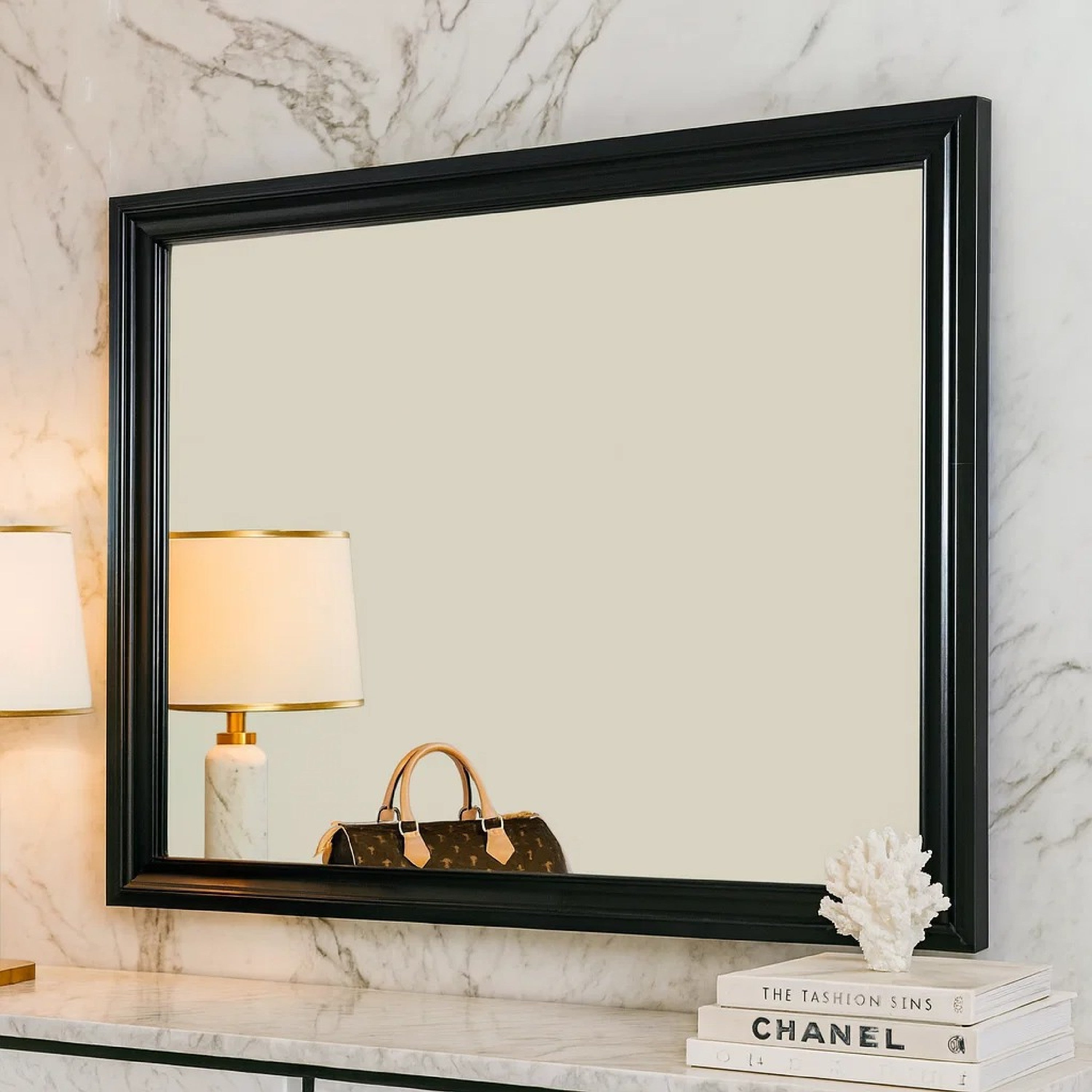 Benjara Mirror with Wooden Frame And Molded Detail, Black