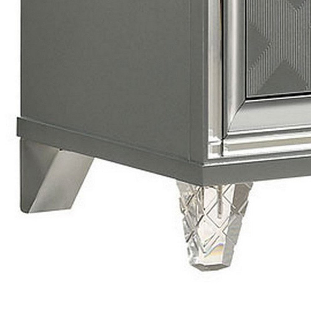 Benjara Nightstand with Embossed Pattern And Acrylic Legs, Gray