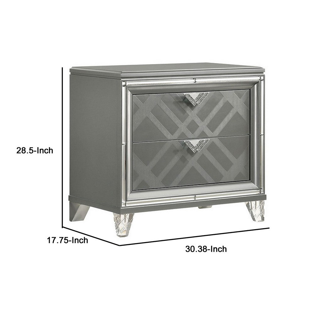 Benjara Nightstand with Embossed Pattern And Acrylic Legs, Gray