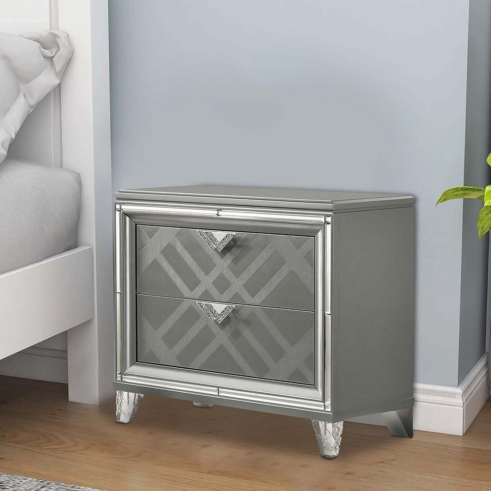 Benjara Nightstand with Embossed Pattern And Acrylic Legs, Gray