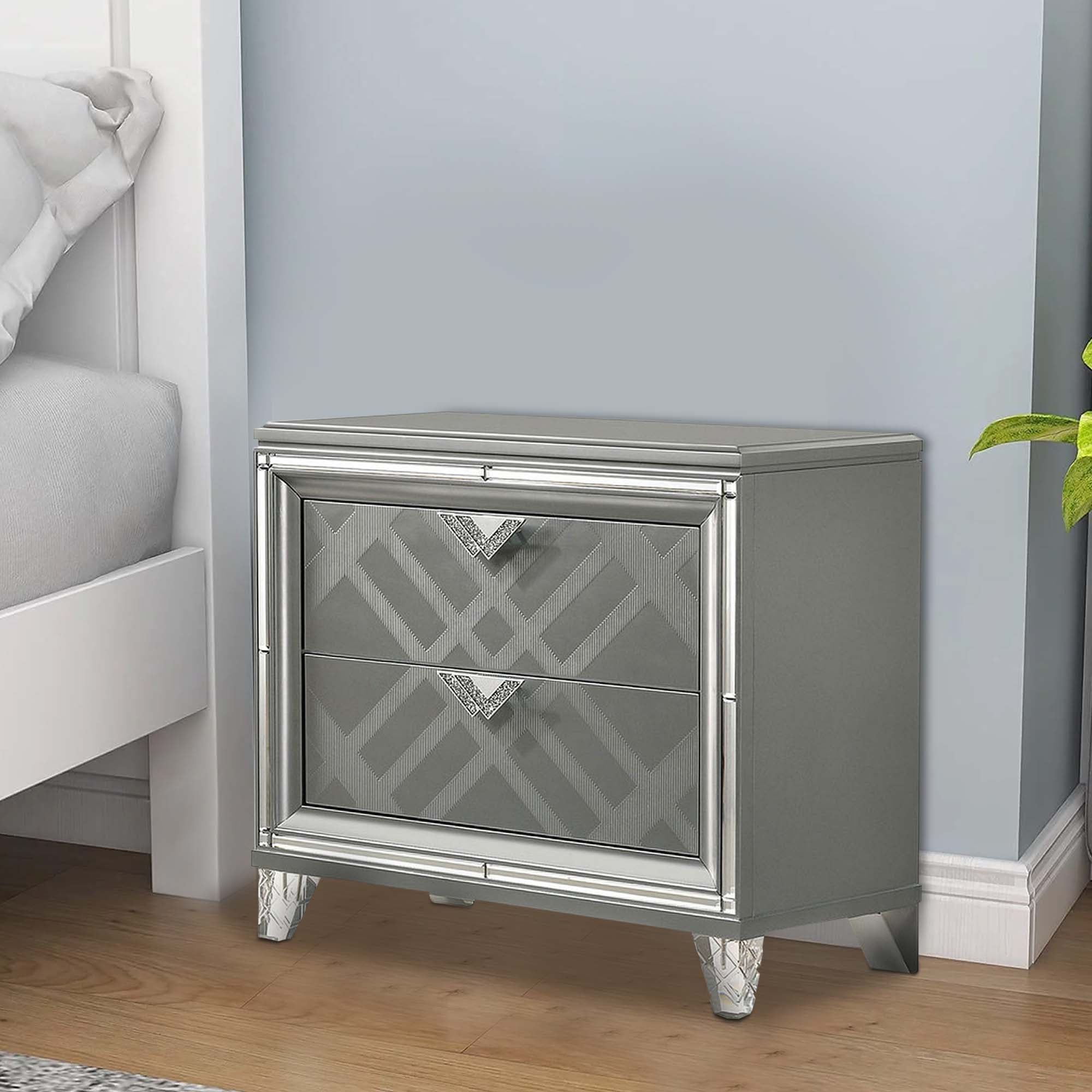 Benjara Nightstand with Embossed Pattern And Acrylic Legs, Gray