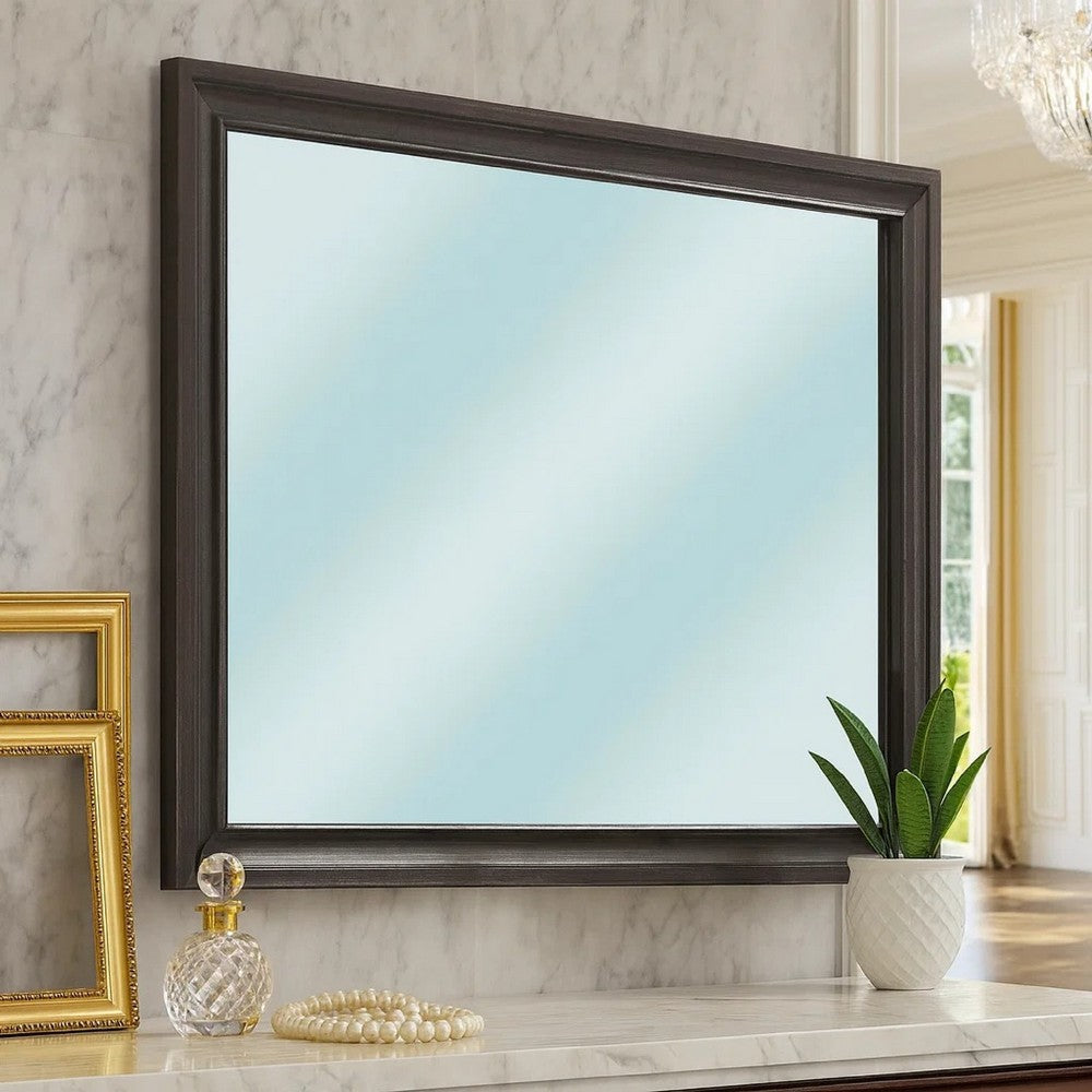 Benjara Mirror with Wooden Frame And Molded Detail, Dark Gray