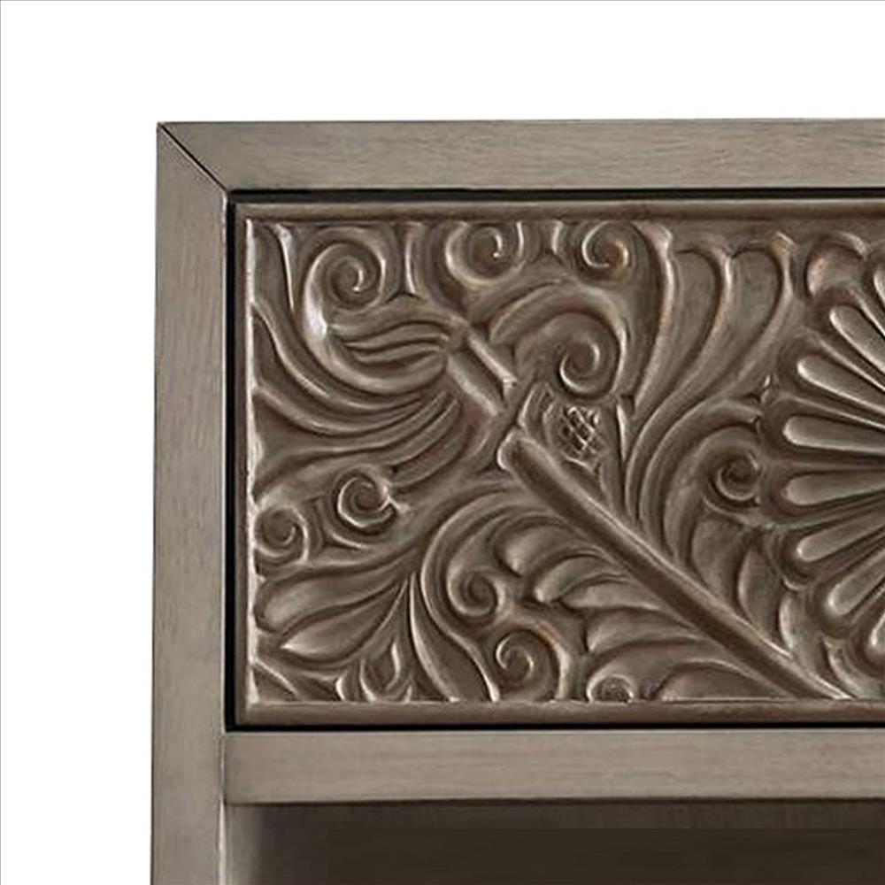 Benjara Night Stand with Polyresin Floral Design, Ivory