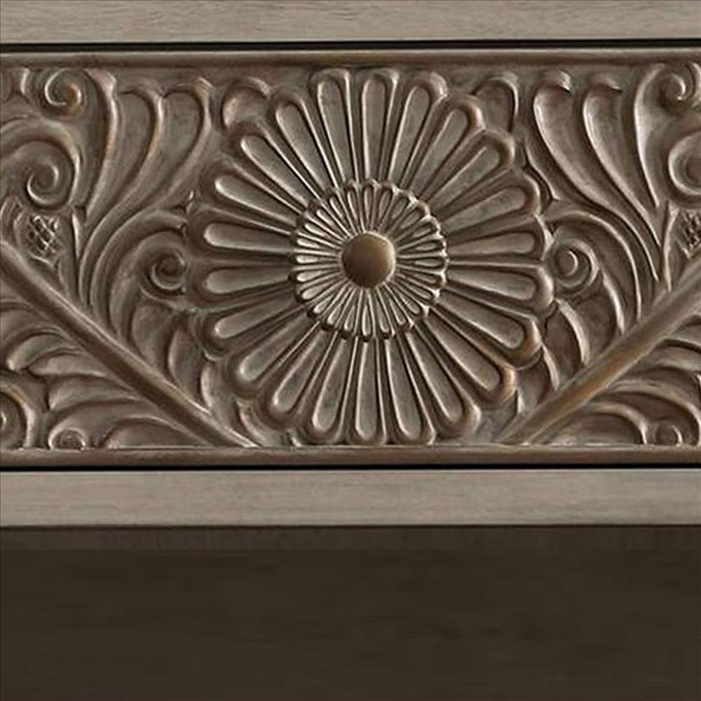 Benjara Night Stand with Polyresin Floral Design, Ivory