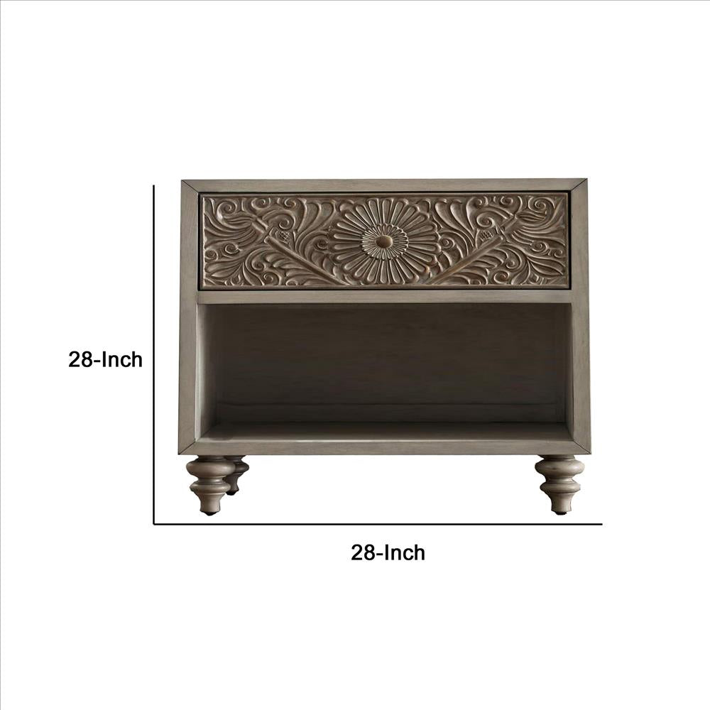 Benjara Night Stand with Polyresin Floral Design, Ivory