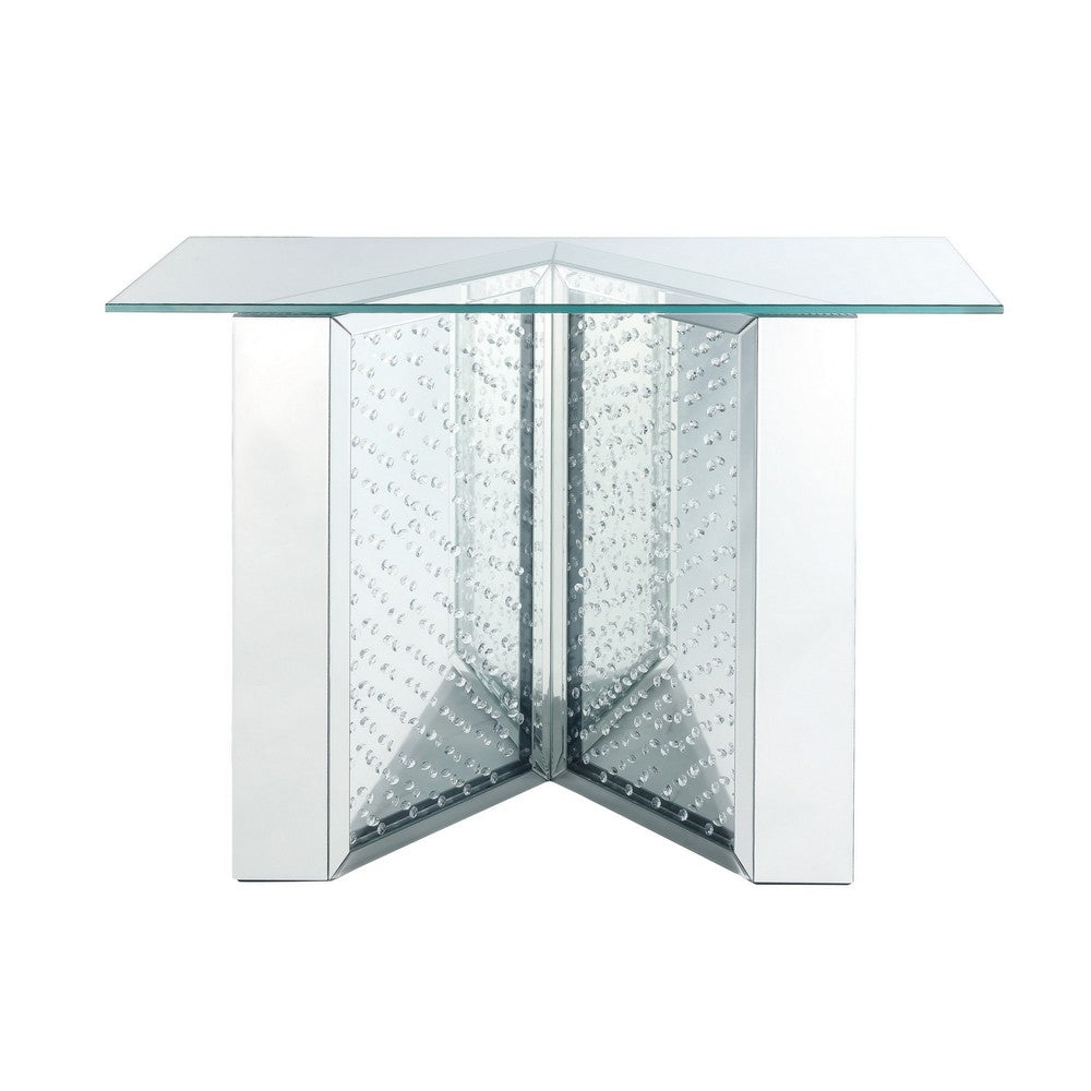 Benjara Console Table with Mirrored V Shaped Base, Silver