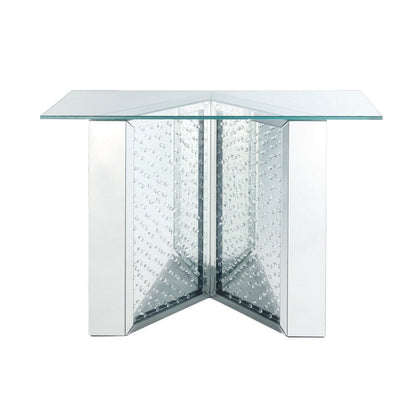 Benjara Console Table with Mirrored V Shaped Base, Silver