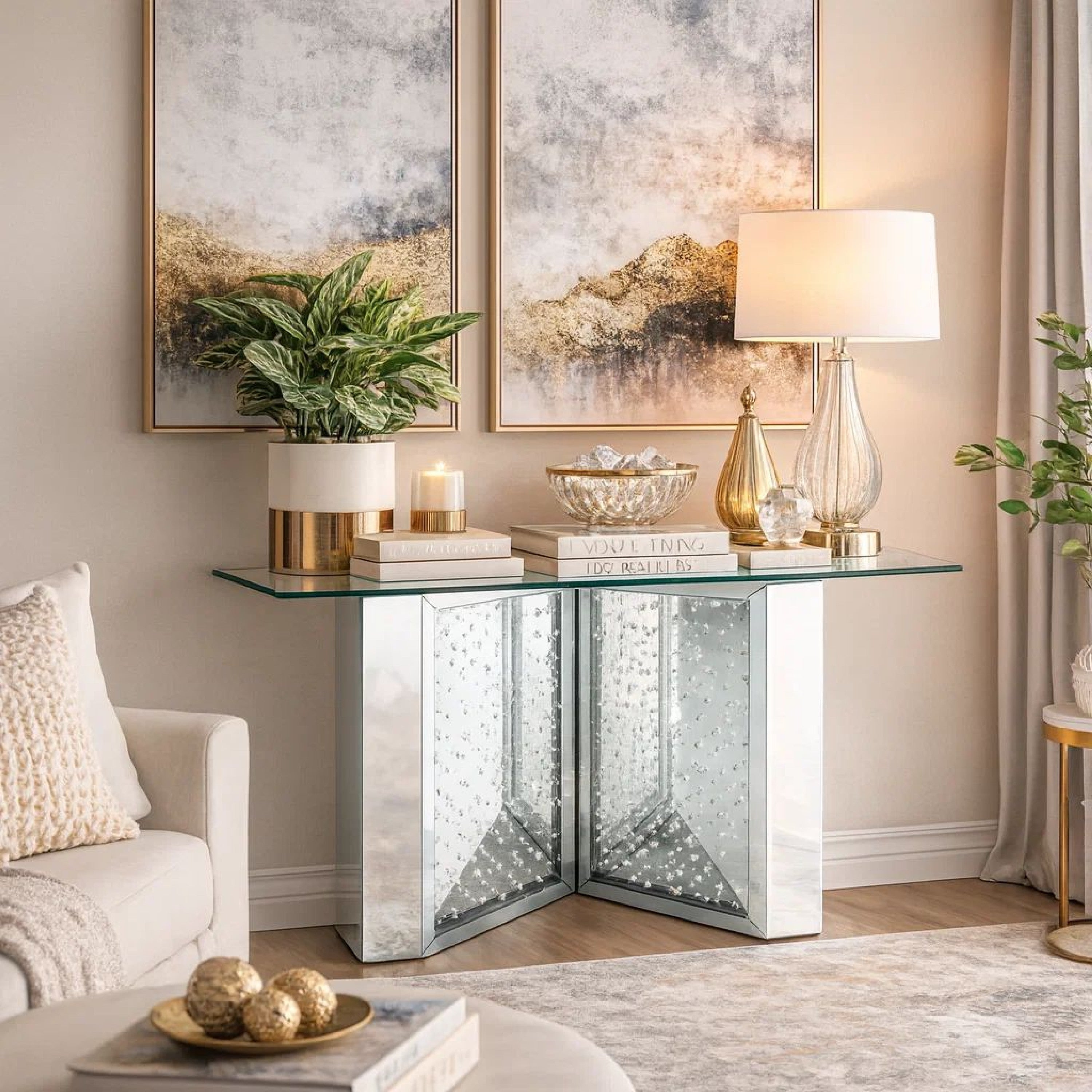 Benjara Console Table with Mirrored V Shaped Base, Silver